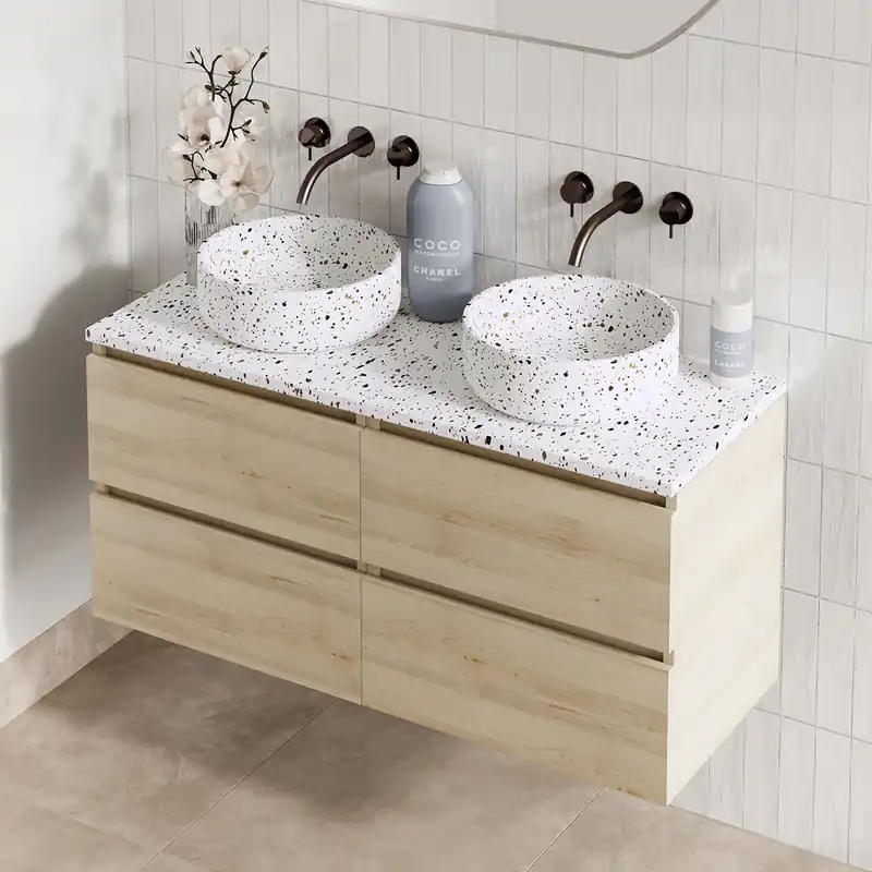 Fontana Terrazzo badmeubel 120cm beach eiken met ronde waskommen en toppaneel Veilige Betaling