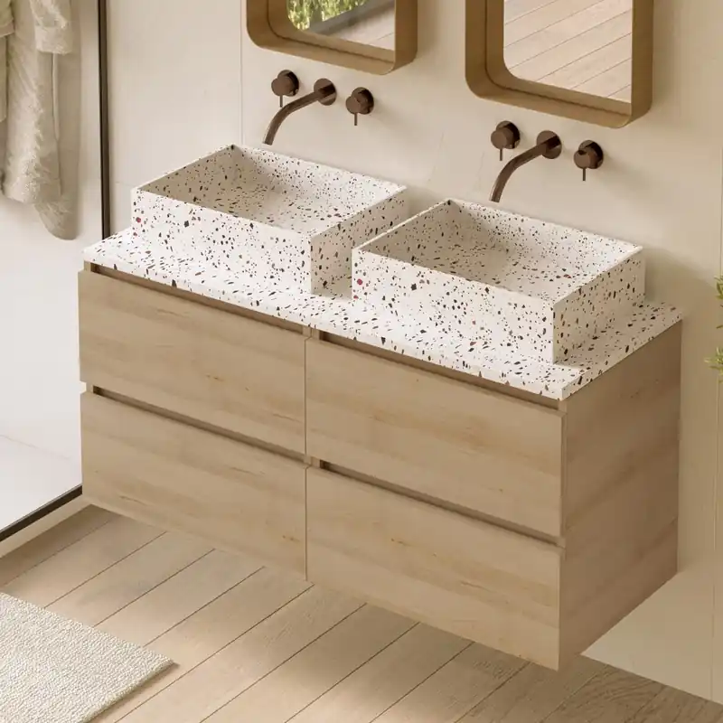 Fontana Terrazzo badmeubel 120cm beach eiken met rechthoekige waskommen en toppaneel Beperkte Voorraad