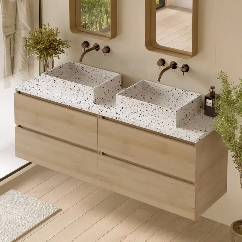Fontana Terrazzo badmeubel 160cm beach eiken met rechthoekige waskommen en toppaneel Professioneel