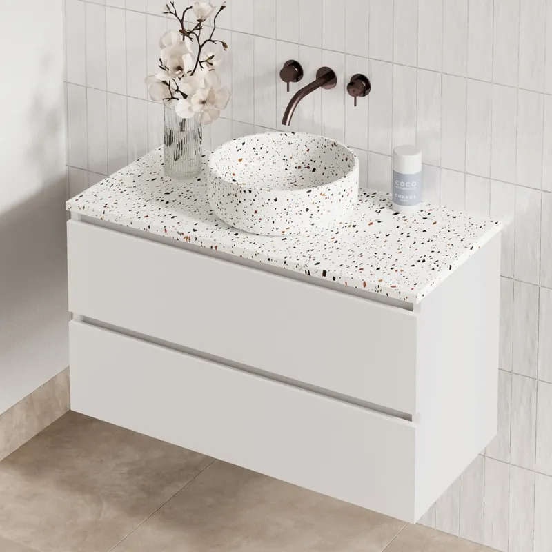 Wereldwijde Verzending Fontana Terrazzo badmeubel 100cm mat wit met ronde waskom en toppaneel