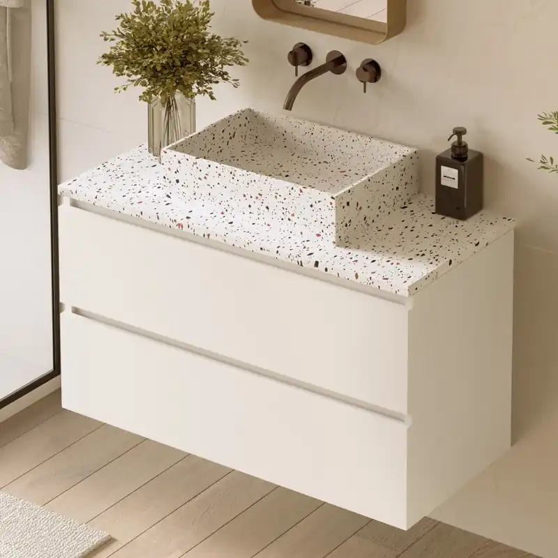 Hete Deal Fontana Terrazzo badmeubel 100cm mat wit met rechthoekige waskom en toppaneel