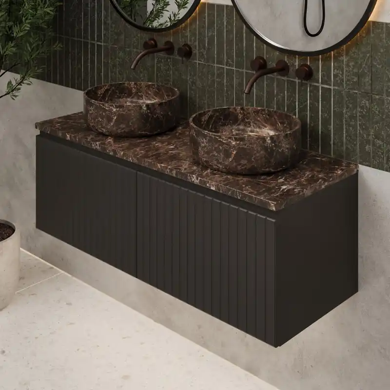 Fontana Dark Emperador ribbelfront badmeubel 120cm mat zwart met ronde waskommen en toppaneel Weekendaanbieding