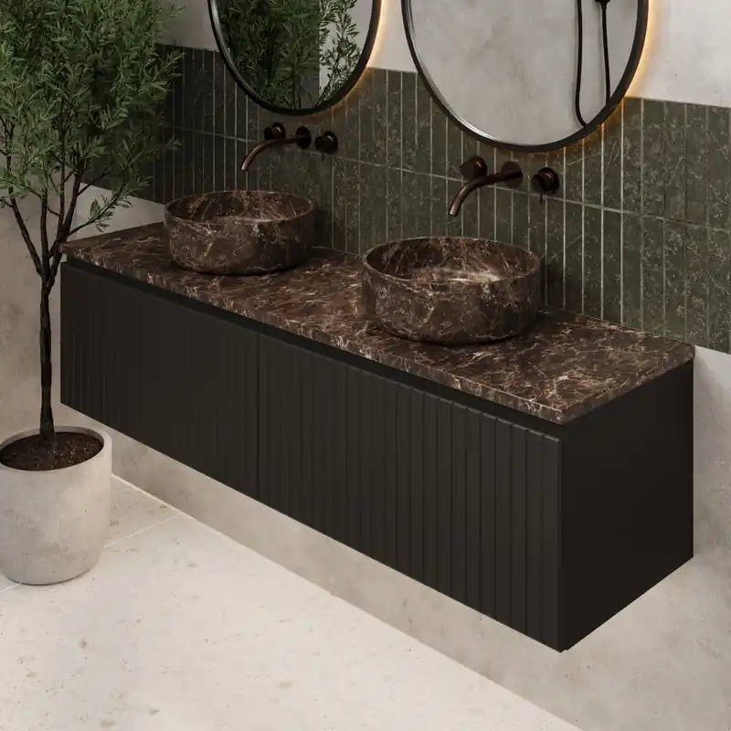 Fontana Dark Emperador ribbelfront badmeubel 160cm mat zwart met ronde waskommen en toppaneel Nieuw Model