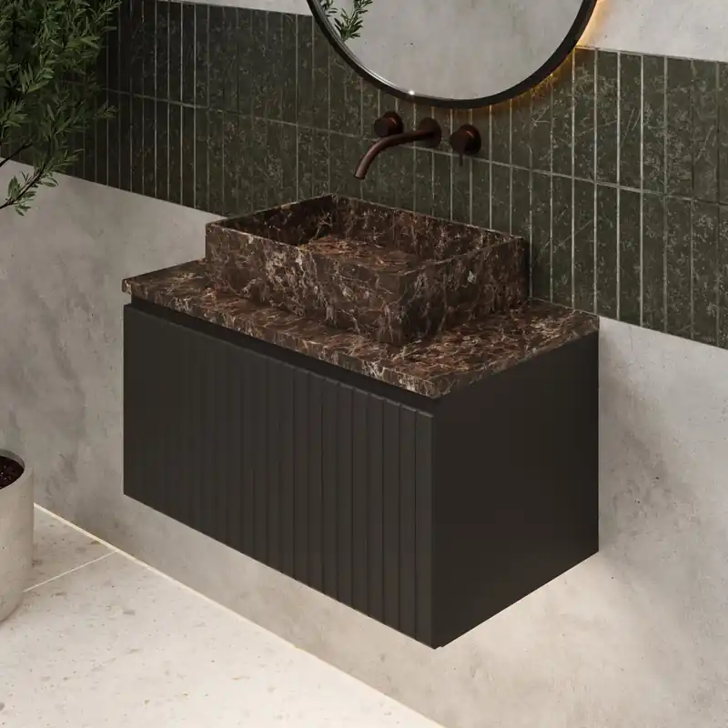Op = Op Fontana Dark Emperador ribbelfront badmeubel 80cm mat zwart met rechthoekige waskom en toppaneel