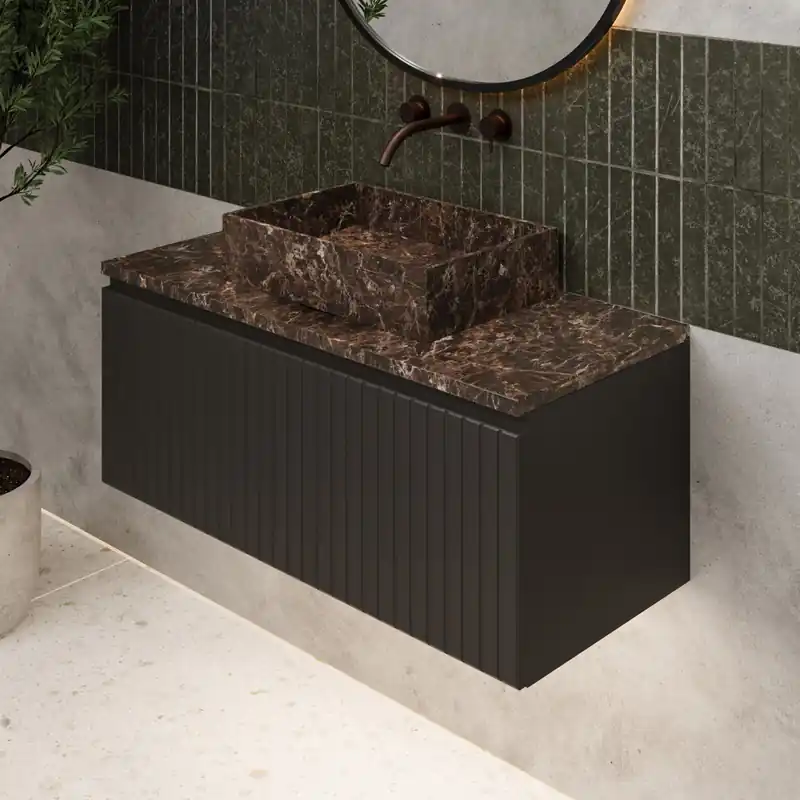 Rechtstreeks Van De Fabrikant Fontana Dark Emperador ribbelfront badmeubel 100cm mat zwart met rechthoekige waskom en toppaneel