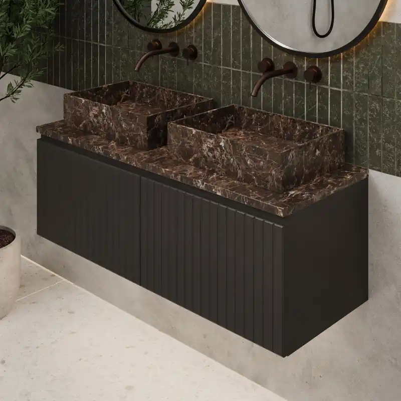 Hete Deal Fontana Dark Emperador ribbelfront badmeubel 120cm mat zwart met rechthoekige waskommen en toppaneel
