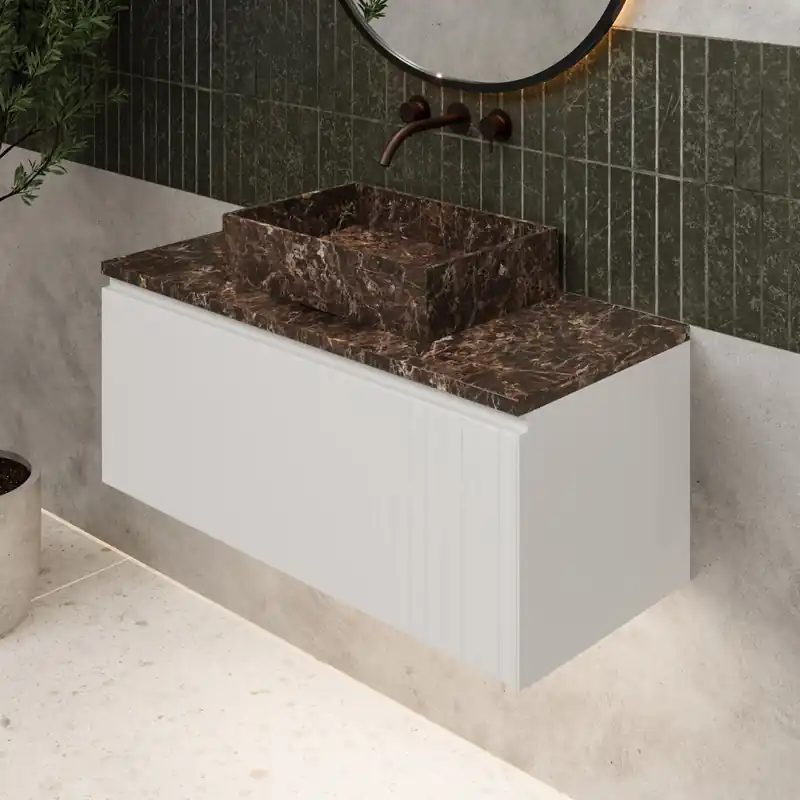Fontana Dark Emperador ribbelfront badmeubel 100cm mat wit met rechthoekige waskom en toppaneel Goedkoop