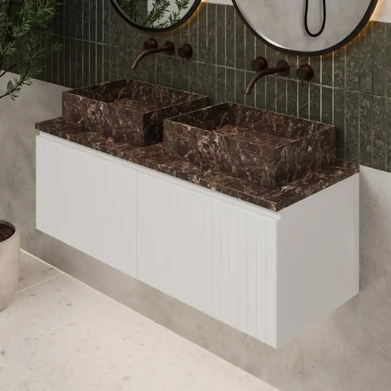 Fontana Dark Emperador ribbelfront badmeubel 120cm mat wit met rechthoekige waskommen en toppaneel Populair