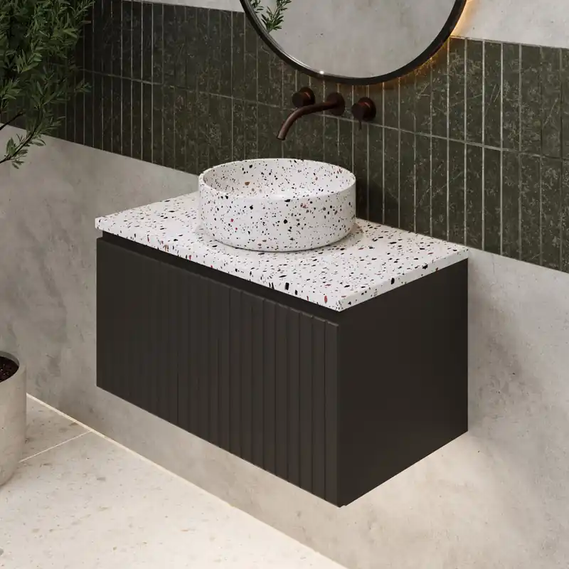 Fontana Terrazzo ribbelfront badmeubel 80cm mat zwart met ronde waskom en toppaneel Nu Kopen