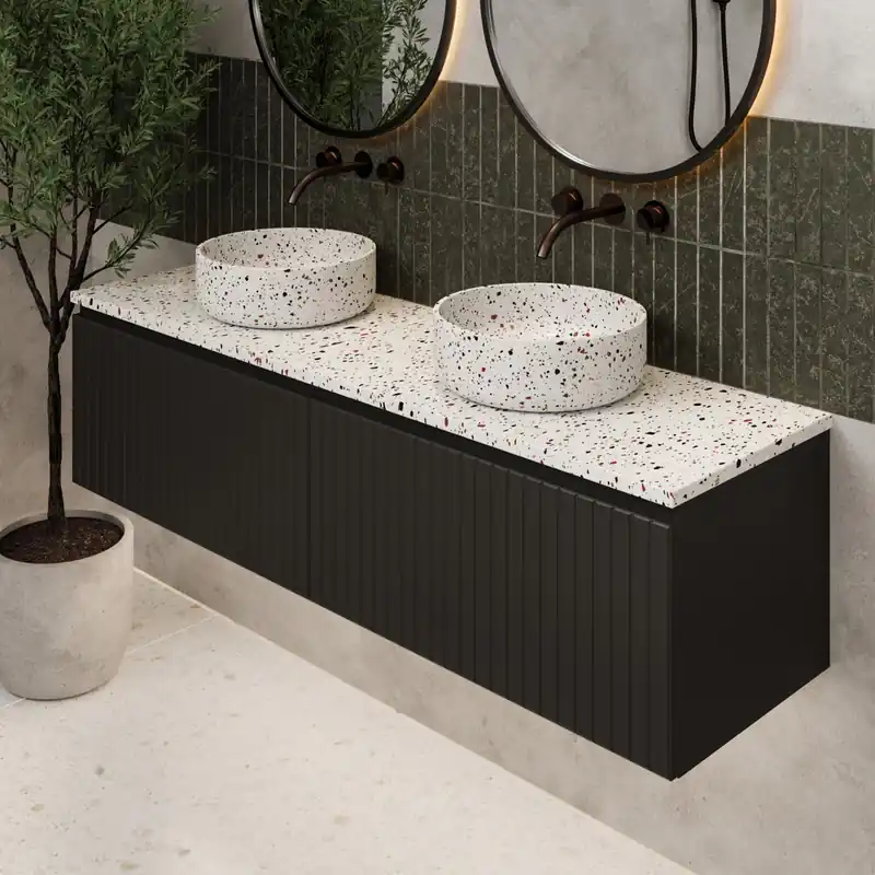 Laatste Versie Fontana Terrazzo ribbelfront badmeubel 160cm mat zwart met ronde waskommen en toppaneel