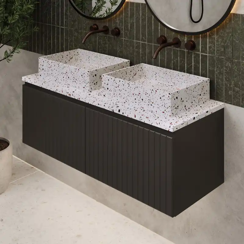 Aanbieding Fontana Terrazzo ribbelfront badmeubel 120cm mat zwart met rechthoekige waskommen en toppaneel