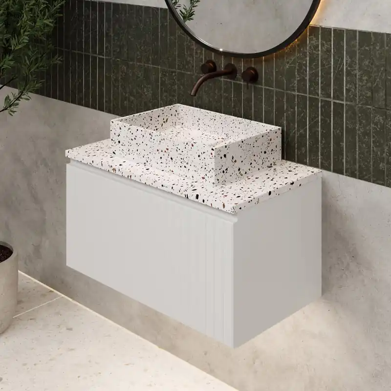 Exclusief Fontana Terrazzo ribbelfront badmeubel 80cm mat wit met rechthoekige waskom en toppaneel
