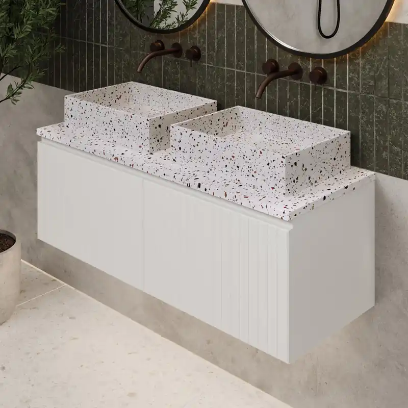 Wereldwijde Verzending Fontana Terrazzo ribbelfront badmeubel 120cm mat wit met rechthoekige waskommen en toppaneel