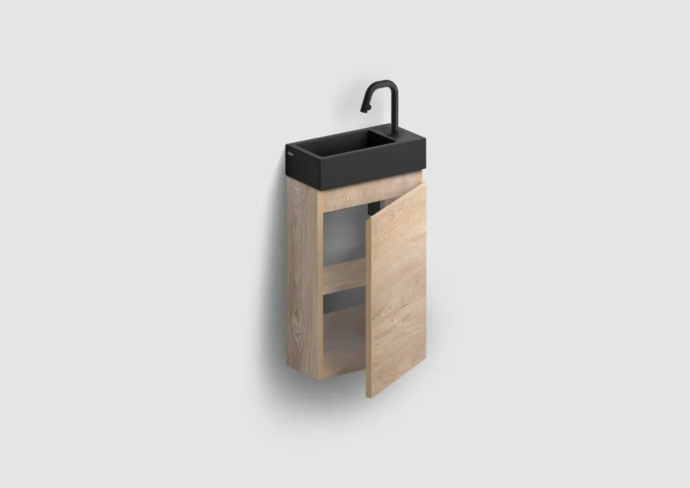 Lage Prijs Clou Flush 3 toiletmeubel 36cm eiken rechtsdraaiend met keramische fontein zwart mat en kraangat