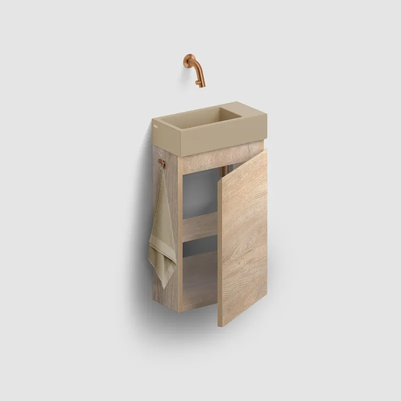 Must-Have Clou Flush 3 toiletmeubel 36cm eiken rechtsdraaiend met keramische fontein mosterd mat zonder kraangat