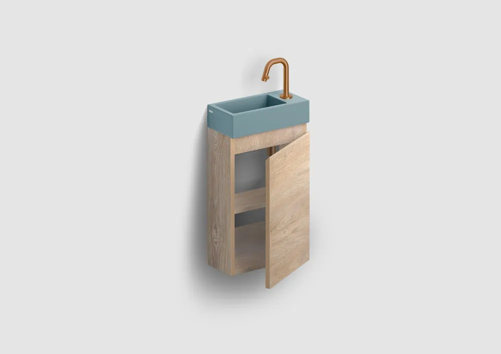 Clou Flush 3 toiletmeubel 36cm eiken rechtsdraaiend met keramische fontein blauwgrijs mat en kraangat Betrouwbaar