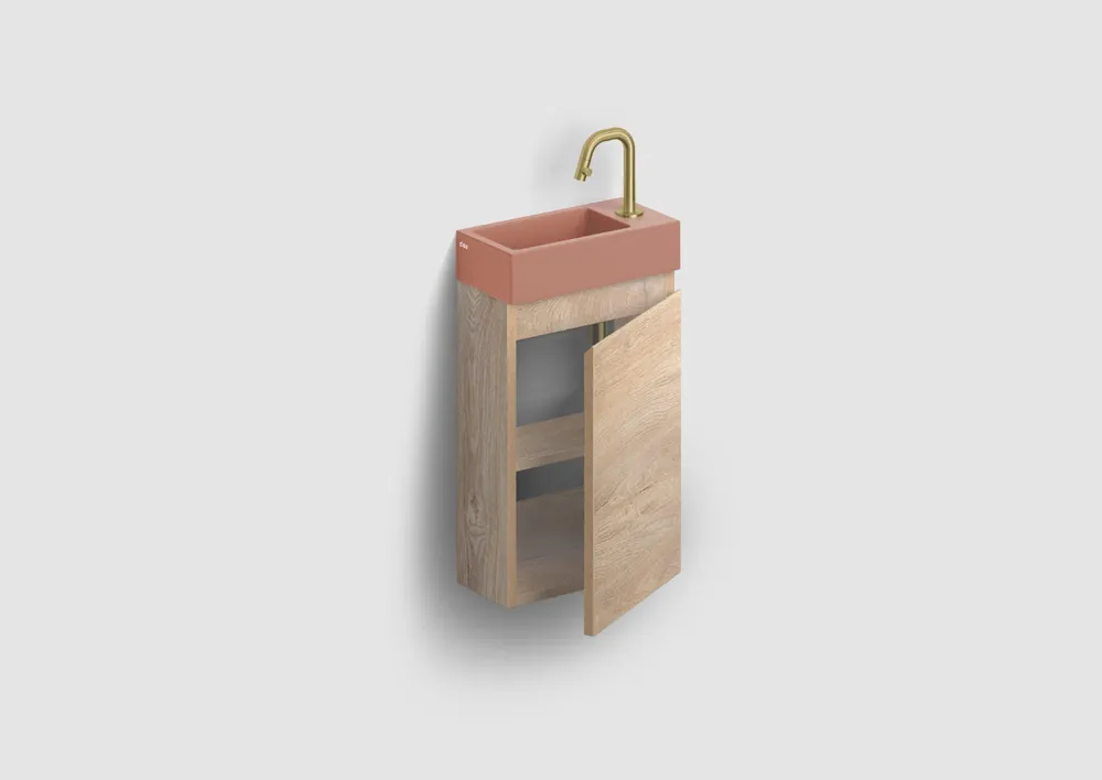 Clou Flush 3 toiletmeubel 36cm eiken rechtsdraaiend met keramische fontein roze mat en kraangat Groothandel