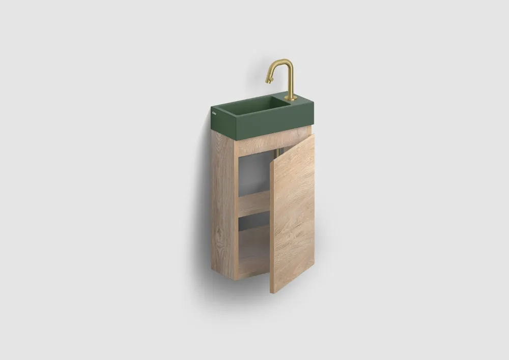 Clou Flush 3 toiletmeubel 36cm eiken rechtsdraaiend met keramische fontein groen mat en kraangat Seizoensaanbieding