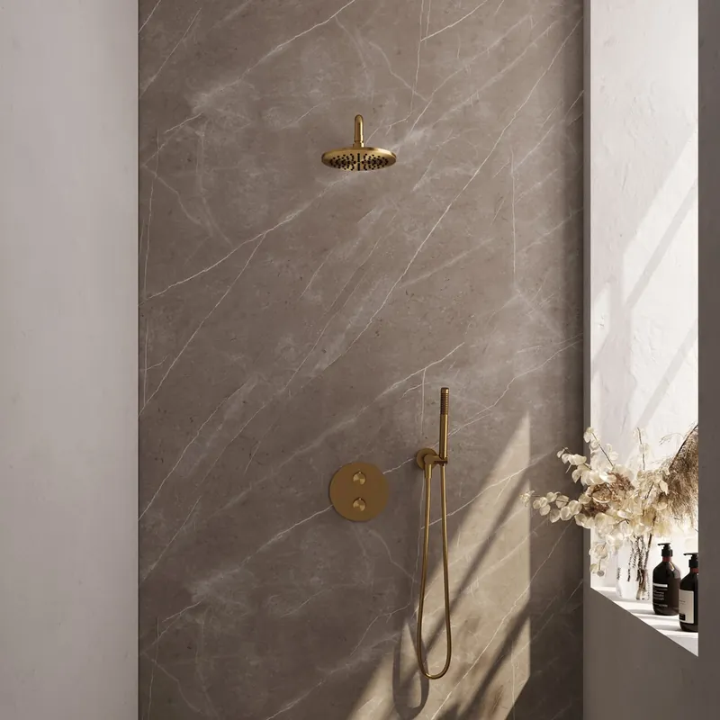 Origineel Brauer Gold Edition thermostatische inbouw regendouche met staafhanddouche, gebogen muurarm en hoofddouche 20cm set 75 messing geborsteld PVD