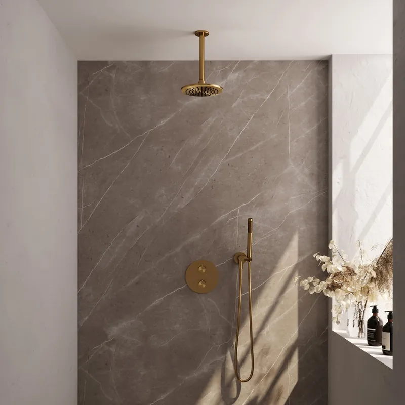 Gecertificeerd Brauer Gold Edition thermostatische inbouw regendouche met staafhanddouche, plafondarm en hoofddouche 20cm set 77 messing geborsteld PVD