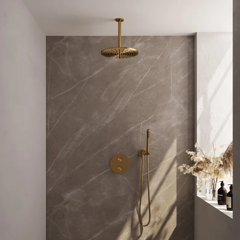 Brauer Gold Edition thermostatische inbouw regendouche met staafhanddouche, plafondarm en hoofddouche 30cm set 78 messing geborsteld PVD Gratis Verzending
