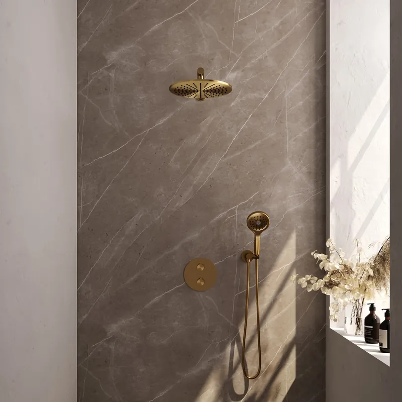 Brauer Gold Edition thermostatische inbouw regendouche met 3 standen handdouche, rechte muurarm en hoofddouche 30cm set 80 messing geborsteld PVD Nieuwe Collectie