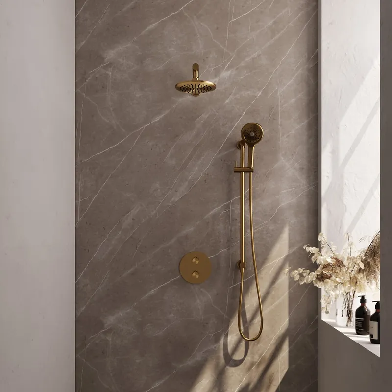 Brauer Gold Edition thermostatische inbouw regendouche met 3 standen handdouche, rechte muurarm, glijstang en hoofddouche 20cm set 91 messing geborsteld PVD Seizoensaanbieding