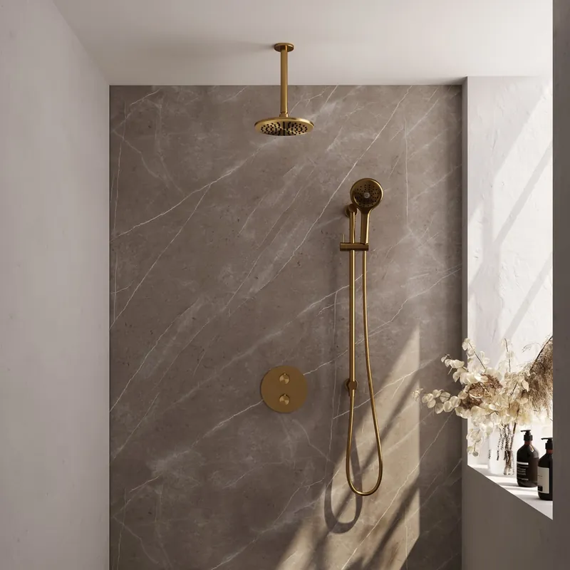 Brauer Gold Edition thermostatische inbouw regendouche met 3 standen handdouche, plafondarm, glijstang en hoofddouche 20cm set 95 messing geborsteld PVD Favoriet