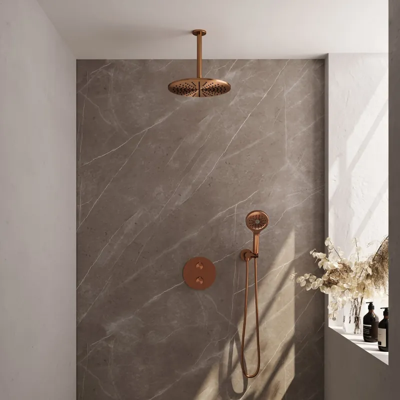 Brauer Copper Edition thermostatische inbouw regendouche met 3 standen handdouche, plafondarm en hoofddouche 30cm set 84 koper geborsteld PVD Superprijs