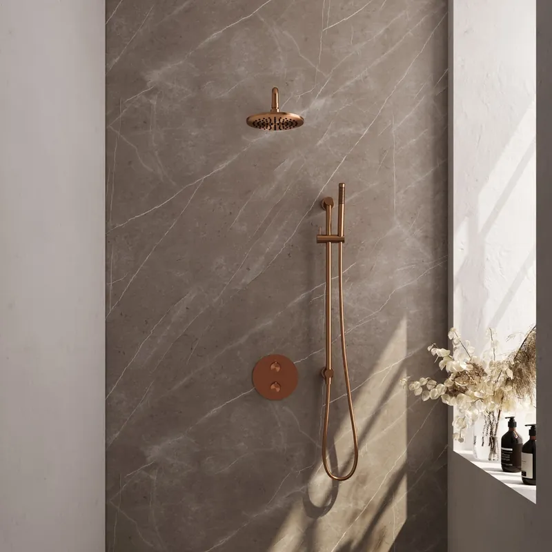 Nieuw Model Brauer Copper Edition thermostatische inbouw regendouche met staafhanddouche, gebogen muurarm, glijstang en hoofddouche 20cm set 87 koper geborsteld PVD