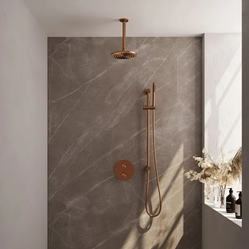 Brauer Copper Edition thermostatische inbouw regendouche met staafhanddouche, plafondarm, glijstang en hoofddouche 20cm set 89 koper geborsteld PVD Exclusieve Aanbieding