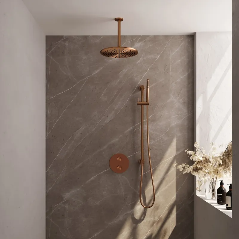 Beperkt Aanbod Brauer Copper Edition thermostatische inbouw regendouche met staafhanddouche, plafondarm, glijstang en hoofddouche 30cm set 90 koper geborsteld PVD
