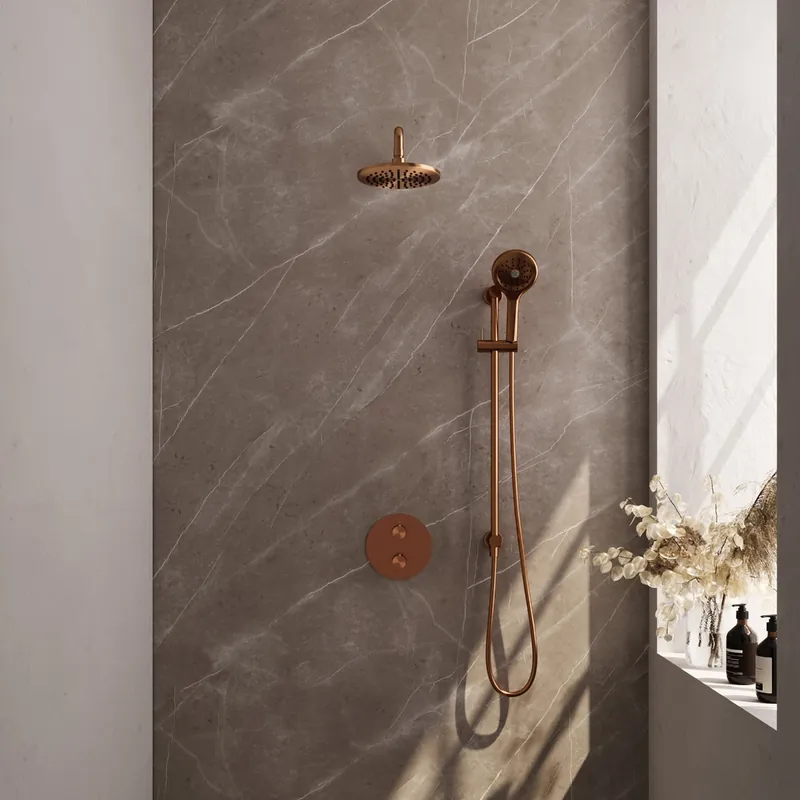 Gratis Retour Brauer Copper Edition thermostatische inbouw regendouche met 3 standen handdouche, gebogen muurarm, glijstang en hoofddouche 20cm set 93 koper geborsteld PVD
