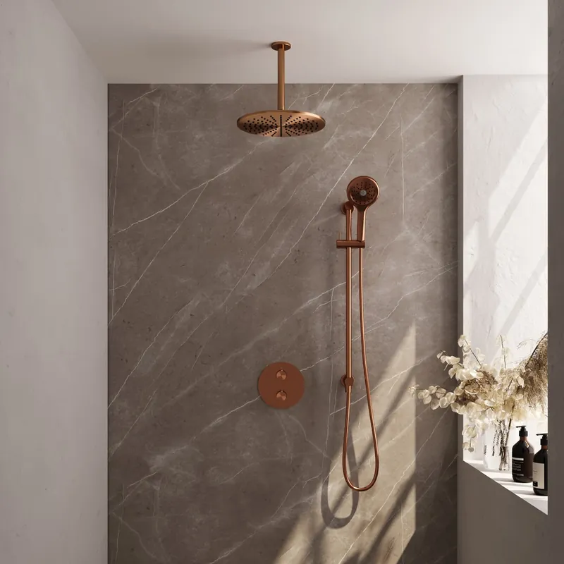 Plaats Bestelling Brauer Copper Edition thermostatische inbouw regendouche met 3 standen handdouche, plafondarm, glijstang en hoofddouche 30cm set 96 koper geborsteld PVD