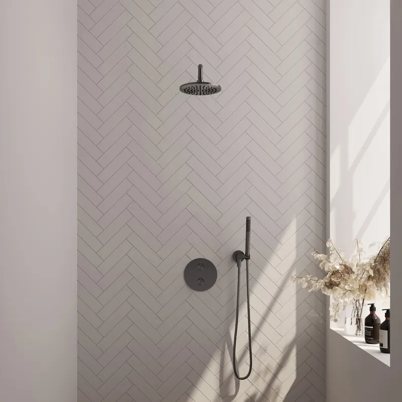 Brauer Gunmetal Edition thermostatische inbouw regendouche met staafhanddouche, gebogen muurarm en hoofddouche 20cm set 75 gunmetal geborsteld PVD Betrouwbaar