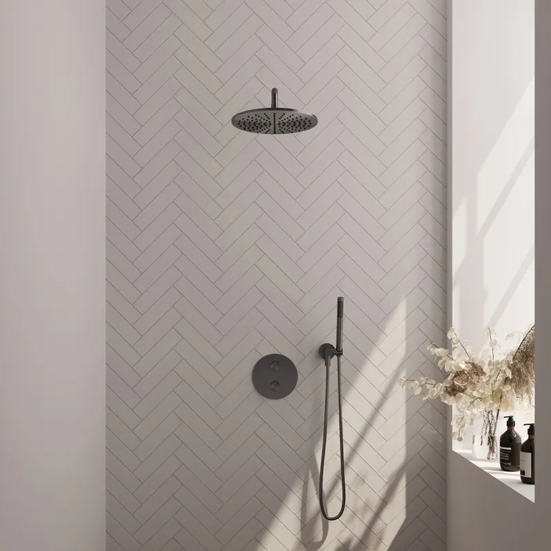 Merkproduct Brauer Gunmetal Edition thermostatische inbouw regendouche met staafhanddouche, gebogen muurarm en hoofddouche 30cm set 76 gunmetal geborsteld PVD