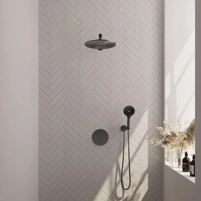 Laatste Versie Brauer Gunmetal Edition thermostatische inbouw regendouche met 3 standen handdouche, rechte muurarm en hoofddouche 30cm set 80 gunmetal geborsteld PVD