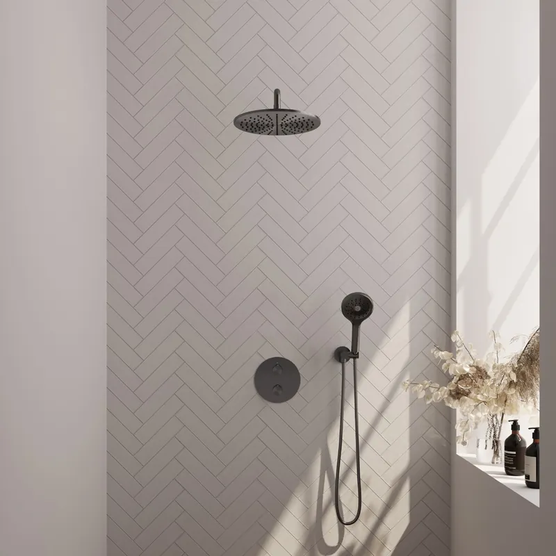 Brauer Gunmetal Edition thermostatische inbouw regendouche met 3 standen handdouche, gebogen muurarm en hoofddouche 30cm set 82 gunmetal geborsteld PVD Handgemaakt