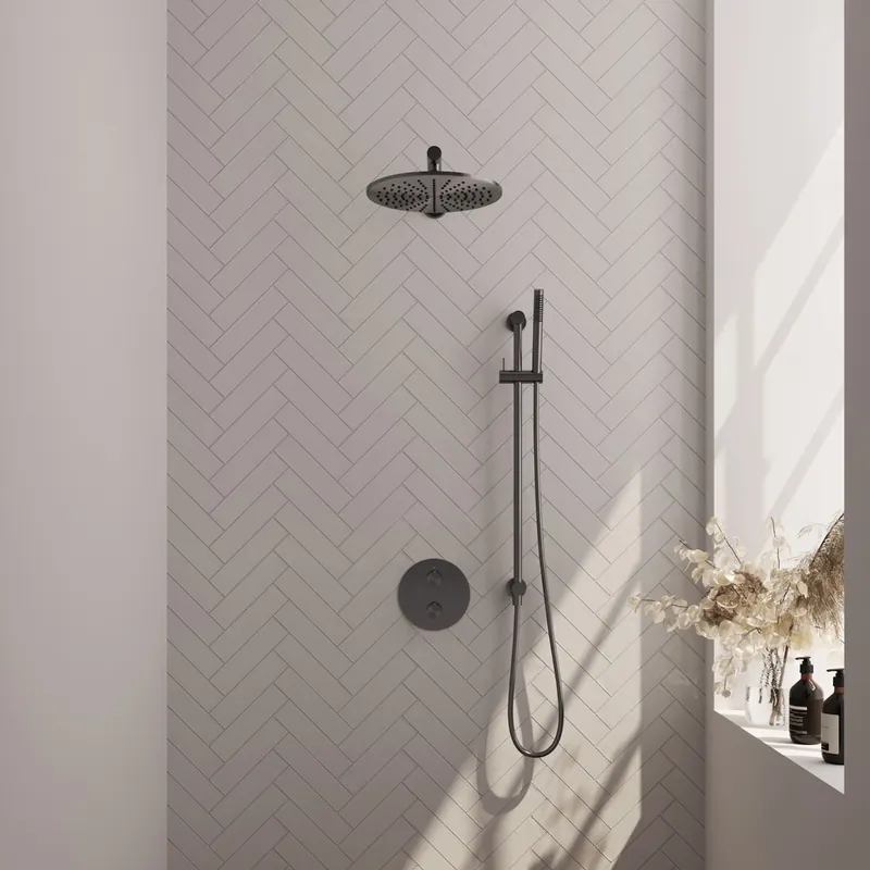 Exclusief Brauer Gunmetal Edition thermostatische inbouw regendouche met staafhanddouche, rechte muurarm, glijstang en hoofddouche 30cm set 86 gunmetal geborsteld PVD
