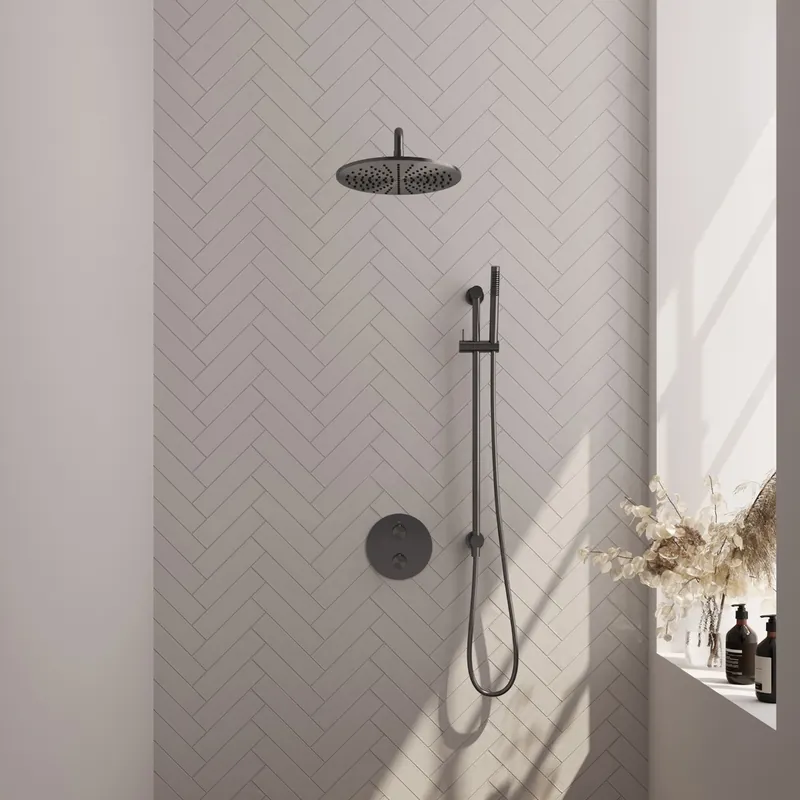 Brauer Gunmetal Edition thermostatische inbouw regendouche met staafhanddouche, gebogen muurarm, glijstang en hoofddouche 30cm set 88 gunmetal geborsteld PVD Modern
