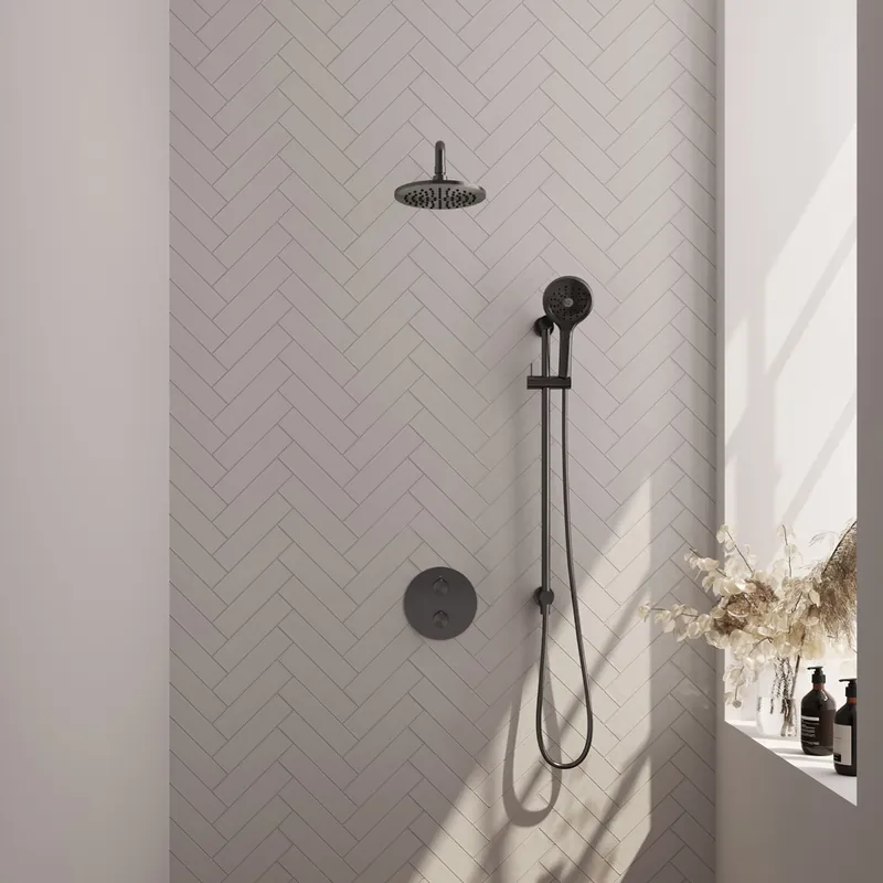 Brauer Gunmetal Edition thermostatische inbouw regendouche met 3 standen handdouche, gebogen muurarm, glijstang en hoofddouche 20cm set 93 gunmetal geborsteld PVD Luxe