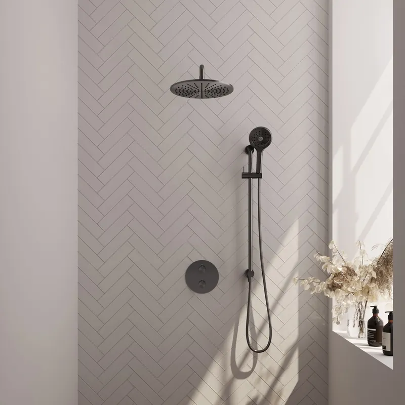 Brauer Gunmetal Edition thermostatische inbouw regendouche met 3 standen handdouche, gebogen muurarm, glijstang en hoofddouche 30cm set 94 gunmetal geborsteld PVD Gratis Verzending