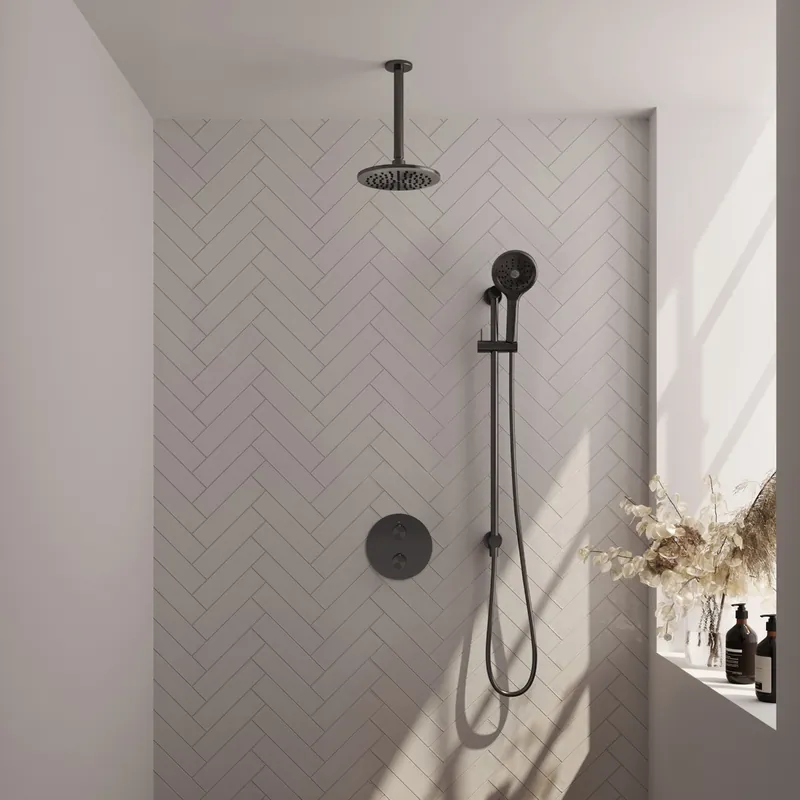 Brauer Gunmetal Edition thermostatische inbouw regendouche met 3 standen handdouche, plafondarm, glijstang en hoofddouche 20cm set 95 gunmetal geborsteld PVD Tijdelijk Beschikbaar