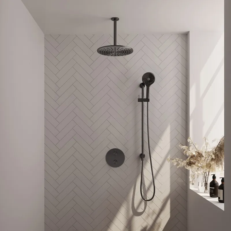 Hoge Kwaliteit Brauer Gunmetal Edition thermostatische inbouw regendouche met 3 standen handdouche, plafondarm, glijstang en hoofddouche 30cm set 96 gunmetal geborsteld PVD