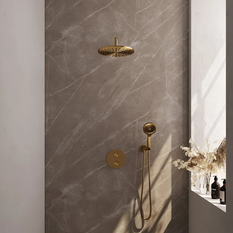 Gratis Verzending Brauer Gold Carving thermostatische inbouw regendouche met 3 standen handdouche, gebogen muurarm en hoofddouche 30cm set 82 messing geborsteld PVD