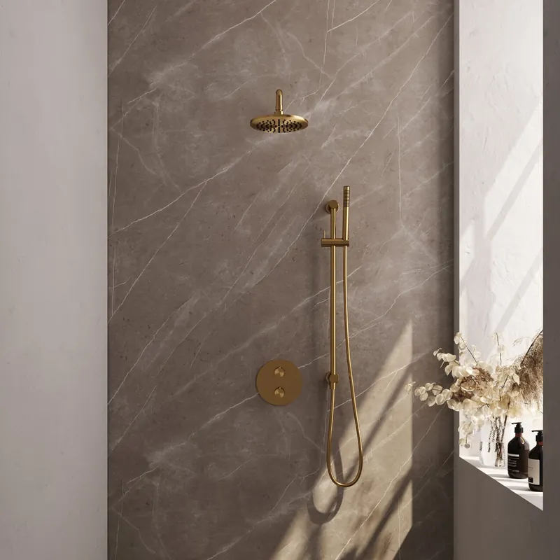 Hoge Kwaliteit Brauer Gold Carving thermostatische inbouw regendouche met staafhanddouche, gebogen muurarm, glijstang en hoofddouche 20cm set 87 messing geborsteld PVD