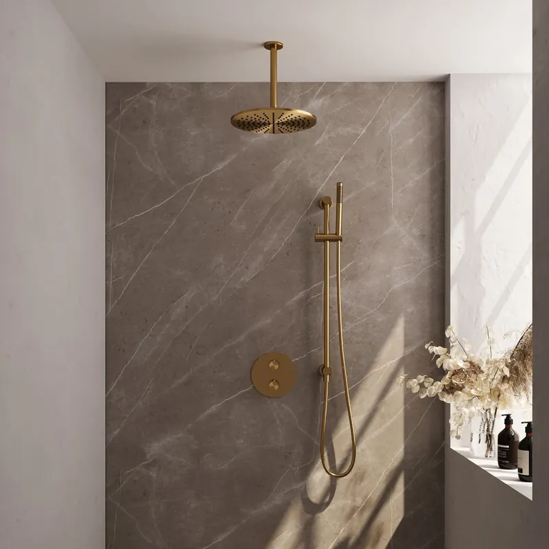 In De Mode Brauer Gold Carving thermostatische inbouw regendouche met staafhanddouche, plafondarm, glijstang en hoofddouche 30cm set 90 messing geborsteld PVD