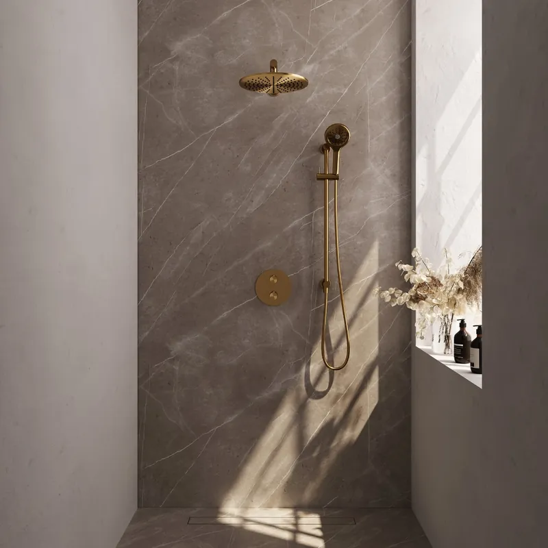 Garantie Inbegrepen Brauer Gold Carving thermostatische inbouw regendouche met 3 standen handdouche, rechte muurarm, glijstang en hoofddouche 30cm set 92 messing geborsteld PVD