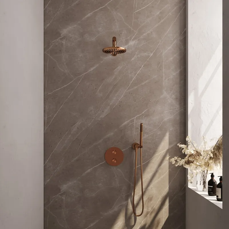 Finale Uitverkoop Brauer Copper Carving thermostatische inbouw regendouche met staafhanddouche, rechte muurarm en hoofddouche 20cm set 73 koper geborsteld PVD
