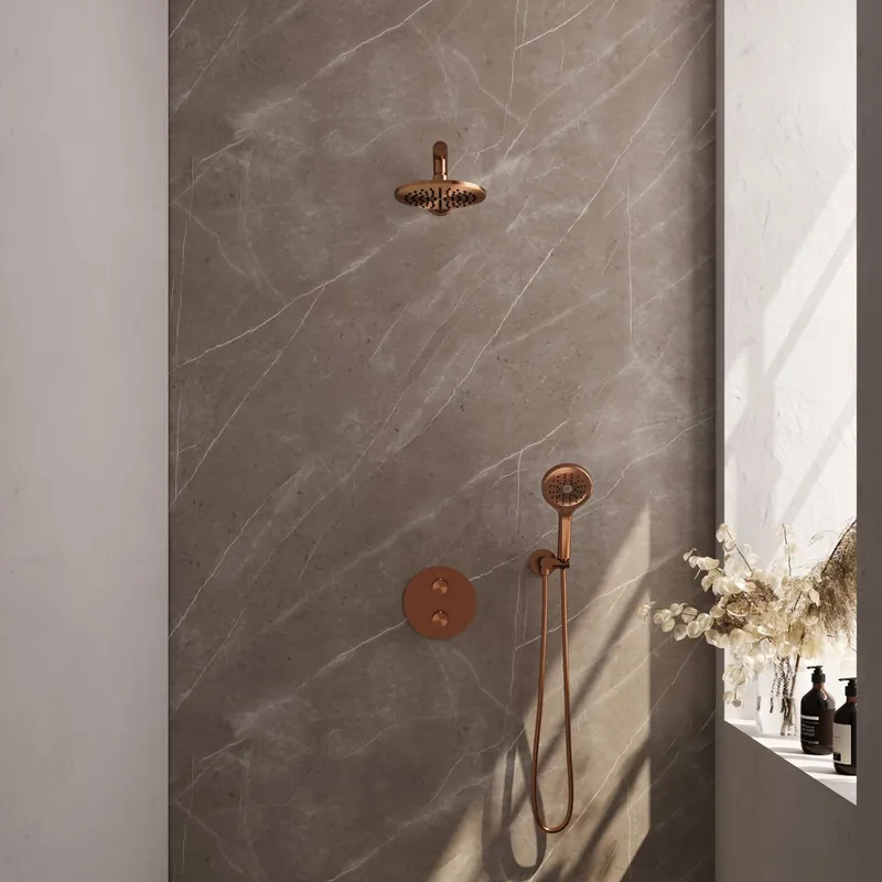 Brauer Copper Carving thermostatische inbouw regendouche met 3 standen handdouche, rechte muurarm en hoofddouche 20cm set 79 koper geborsteld PVD Dagaanbieding